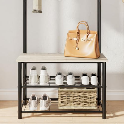 Hall Tree with Bench and Shoe Storage, 3-in-1 Coat Rack, Freestanding Wooden Coat Rack with Shoe Bench with Metal Frame, 3-Tier Storage Shelf and 9 Removable Hooks, Greige - color: Greige