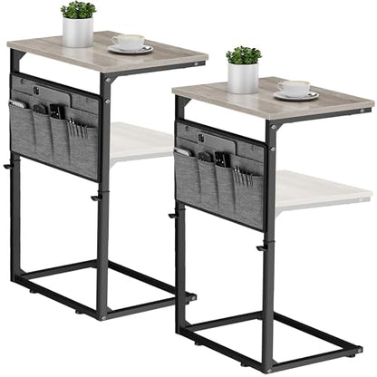 Vagusicc C Shaped End Table, Set of 2 Tall Side Table for Couch, Adjustable Height Small Couch Side Table for Small Spaces, End Table Slide Under Sofa Table TV Tray Arm Table for Living Room, Grey - color: Greige 2pc