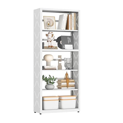 Polup Bookshelf, 5 Tier Metal Bookcase with Adjustable Shelves, Tall White Book Shelf with Bookends, White Display Shelves for Living Room, Home Office, Library - color: White, size: 5 Tier-23" W