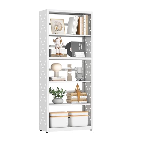 Polup Bookshelf, 5 Tier Metal Bookcase with Adjustable Shelves, Tall White Book Shelf with Bookends, White Display Shelves for Living Room, Home Office, Library - color: White, size: 5 Tier-23" W