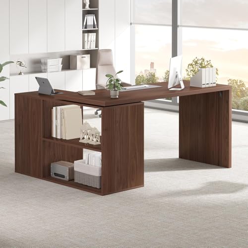 HSH 55-76 Inch Walnut Farmhouse L Shaped Desk with Drawers 360 Rotating | Corner Computer Desk with Storage with Drawers Long for Work, Executive, Study, Writing, Teacher, Bedroom Modern Gaming Table - color: Walnut