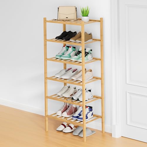 Smiry Small Bamboo Shoe Rack, 6 Tier Free Standing Wooden Shoe Organizer, Stackable Wood Shoe Storage Shelf for Closet, Entryway, 12 Vertical Slats, 2+2+2 Stack Standard Legs, 17.3"x11"x39", Natural - color: Natural, size: 17.32" Wide - 6 Tier - Regular