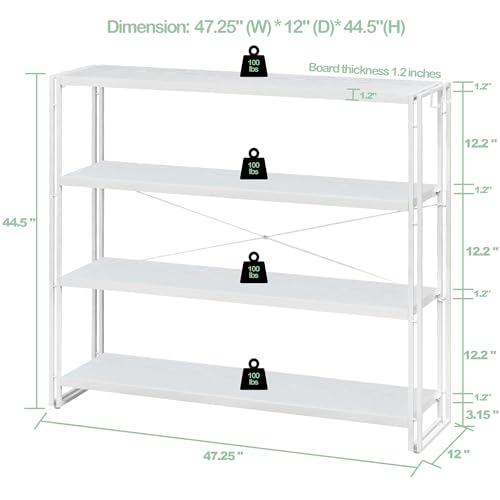HCHQHS Bookshelf, 4-Tier Industrial Bookcase, White Open Book Shelf, Freestanding Tall Bookshelves with Metal Frame - color: White, size: 4-Tier (47"W x 44.5"H)