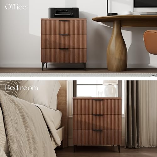 25.6" W Fluted Nightstand with 3 Drawer, Mid-Century Modern Night Stands | Bedside Table for Bedroom King/Queen Bed, End Table with Robot-friendly Legs for Living Room,Entry - color: 3 Drawers-1pcs-walnut