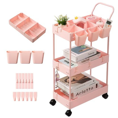 danpinera Slim Storage Cart, 3 Tier Narrow Rolling Cart on Wheels Bathroom Organizer with Dividers Handle Hanging Cups Hooks for Laundry Room Kitchen Small Spaces, Pink - style: 3 Tier Pink