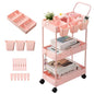 danpinera Slim Storage Cart, 3 Tier Narrow Rolling Cart on Wheels Bathroom Organizer with Dividers Handle Hanging Cups Hooks for Laundry Room Kitchen Small Spaces, Pink - style: 3 Tier Pink