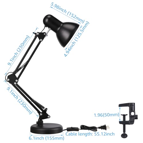 TORCHSTAR Metal Desk Lamp, Adjustable Swing Arm, E26, Black | Architect Gooseneck Multi-Joint Clip Table Lamp with Plastic Clamp, for Home Office, Work, Study, Reading, Bulbs not Included - color: Black