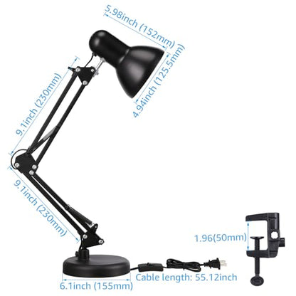 TORCHSTAR Metal Desk Lamp, Adjustable Swing Arm, E26, Black | Architect Gooseneck Multi-Joint Clip Table Lamp with Plastic Clamp, for Home Office, Work, Study, Reading, Bulbs not Included - color: Black