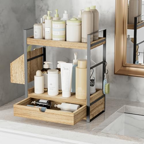 2-Tier Bathroom Counter Organizer, Wooden Vanity Shelf with Drawer & Basket | Pre-Drilled Holes, Skincare & Makeup Countertop Organizer and storage - color: Light Brown