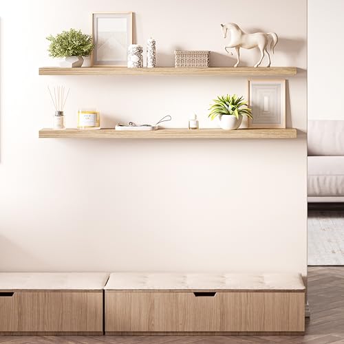 Ballucci Floating Shelves, 55" Wood Wall Shelf Set of 2, with Invisible Brackets for Bathroom, Living Room, Bedroom, Kitchen, Nursery, 6" Deep, Oak - color: Natural Oak, size: 55.1 inches