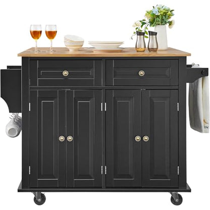 VEVOR Kitchen Island Cart, 35" Wood Top Mobile Carts with Storage Cabinet, Rolling Table with Drop Leaf, Spice Rack, Towel Bar, Adjustable Shelf, Drawer, and Hooks, Portable Islands on Wheels, Black - size: 35.4" W Drop Leaf, style: 2 Drawers & 4 Doors
