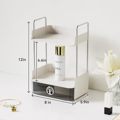 Small Vanity Organizer for Dresser & Countertop - Dorm & Home Office Makeup Storage (7.8"x5.9") with Metal Support, 2-Tier Design with Drawer for Skincare, Perfume, College & Apartment