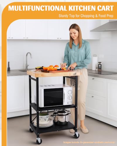 Mythinglogic Foldable Kitchen Storage Cart, 3-Tier Rolling Cart with Solid Oak Top, Heavy-Duty Metal Utility Rack for Microwave, Pots, Dish Set, Meal Prep Area, Kitchen Island on Lockable Wheels - size: 25.39"D x 19.6"W x 35.82"H