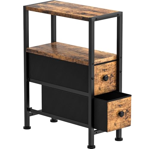 Small Narrow Side Table with Drawers, Skinny End Table for Small Spaces, Slim Nightstand with Storage, sofa bedside Table in Living Room, Bedroom, Study, kitchen and Balcony (Rustic Brown)M-LBZ83B1V1 - color: Rustic Brown&black