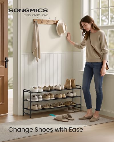 SONGMICS Long Shoe Rack Organizer for Closet, Free Standing Shoe Storage Shelf, Holds 16-20 Pairs, for Entryway, Bedroom, Easy to Assemble, 11.4 x 42.5 x 20.4 Inches, 3 Tiers, Ink Black ULMR093BP01 - size: 3 Tiers