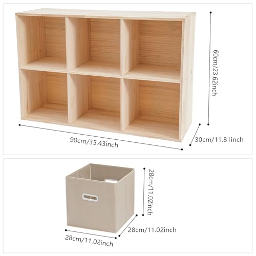 6-Cube Solid Wood Bookshelf, 2-Tier Storage Organizer Semi-Open Floor Display Shelf Closet Cabinet with 3 Baskets for Home Office Library School, 12" D x 35" W x 24" H - size: 6-Cube, with Baskets