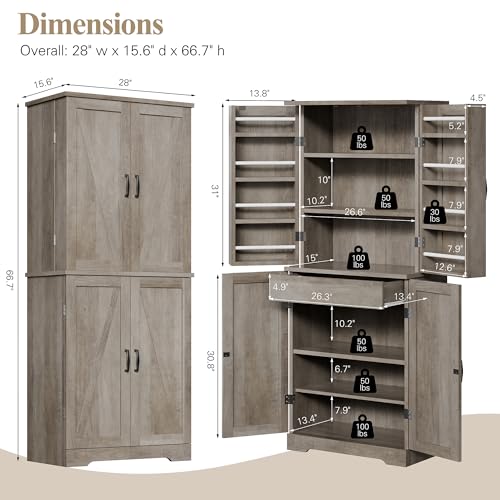 Vongrasig Kitchen Pantry Storage Cabinet with Barn Doors, Drawer and Adjustable Shelves, 6-Tier Tall Rustic Wood Cupboard Locker for Kitchen, Dining Room, Living Room, Bathroom, Rustic Grey - color: Rustic Grey