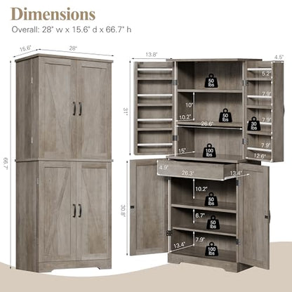 Vongrasig Kitchen Pantry Storage Cabinet with Barn Doors, Drawer and Adjustable Shelves, 6-Tier Tall Rustic Wood Cupboard Locker for Kitchen, Dining Room, Living Room, Bathroom, Rustic Grey - color: Rustic Grey