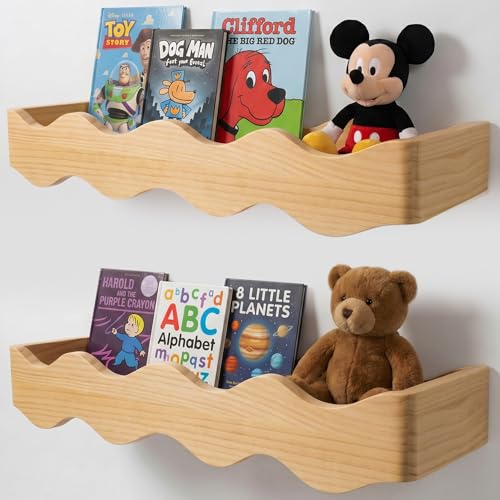 Ovalo Nursery Book Shelves Set of 2 - Solid Pine Wood Nursery Bookshelf, Floating Nursery Shelves for Wall, Wall Bookshelf for Kids Room, No-Assembly Wall Mounted Baby Book Shelf. (Natural Wood) - color: Natural Wood