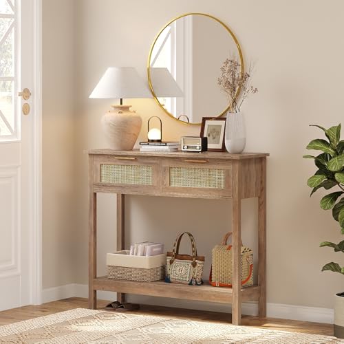 Trironsun Farmhouse Rattan Console Table with 2 Drawers 2 Tier Boho Narrow Long Sofa Table Natural with Open Storage Shelf Wood Entryway Table for Living Room Hallway Foyer - color: Caramel Oak