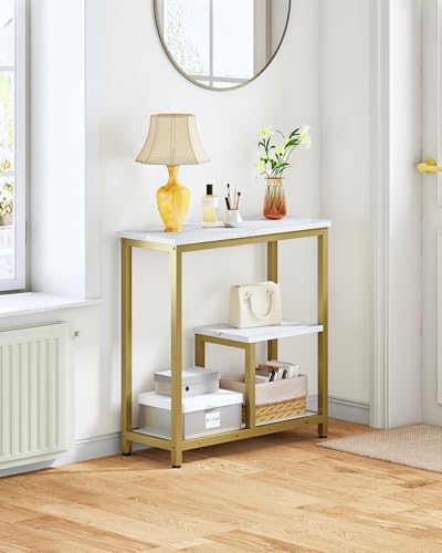 CHOEZON Modern Console Sofa Table 3-Tier Hallway Table Open Storage, Marble Veined Table Top, Metal Frame, for Entryway, Foyer, Marble White and Gold TXG03DJ