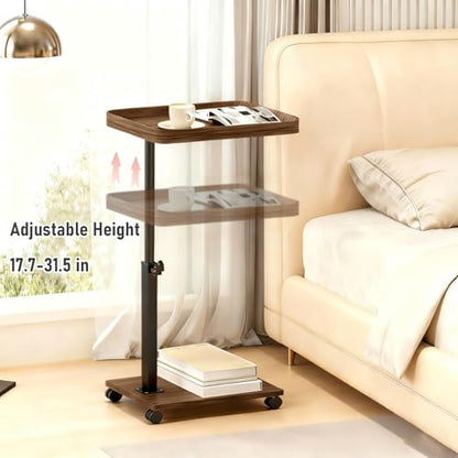 Modern C Shaped Tables Adjustable Height, 360° Swivel Bed End Tables with Wheels, Small Side Table for Couch Living Room (Walnut Color) - color: Walnut