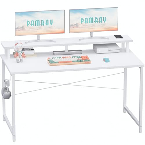 Pamray 47 Inch Small Computer Desk with Monitor Stand, Simple Office Desk with Headphone Hook for Small Spaces, Kids Study Writing Table for Bedroom, White - color: White, size: 47 Inch