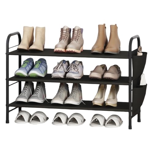 3 Tier Shoe Rack with Side Pockets, Shoe Organizer Space Saver Storage for 7-9 Pairs Shoes Storage Shelf Sturdy Free Standing Metal Long Shoe Holder Organizer for Closet, Entryway Black - color: Black, size: 3 Tier