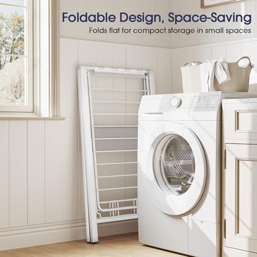 Clothes Drying Rack, 67.7" L Height Adjustable, Foldable, White | 1.5"Folded, No Assembly, Space-Saving, Spacious Design, Adjustable Wings, Clips, Mesh Shelf, Shoe Rack, Indoor & Outdoor Use - color: White