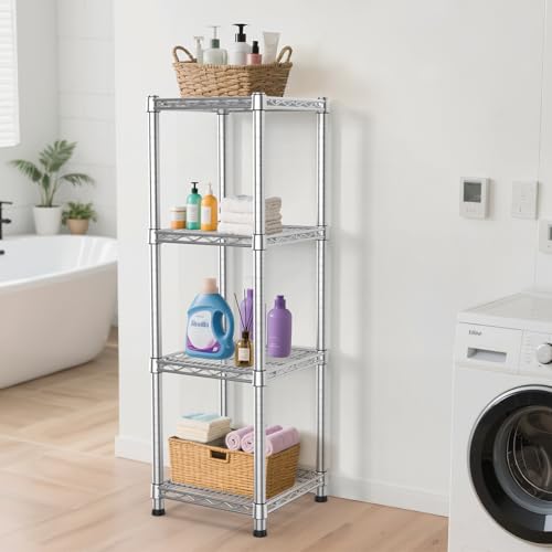 14" Metal Wire Shelving Unit Storage Shelves 4 Tier Adjustable Shelf Sturdy Steel Rack Standing Units Organizers organize for Laundry Bathroom Kitchen Closet Basement Garage Pantry Narrow Mesh Utility - size: 4-Tier-Silver[14"D x 14"W x 39.37"H]