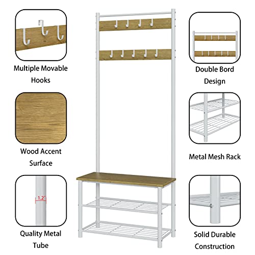 Hall Tree with Bench and Shoe Storage, 3-in-1 Coat Rack Shoe Bench, Freestanding Wooden Coat Rack with Metal Frame, 3-Tier Storage Shelf and 9 Removable Hooks, White/Walnut - color: 1.white Hall Tree