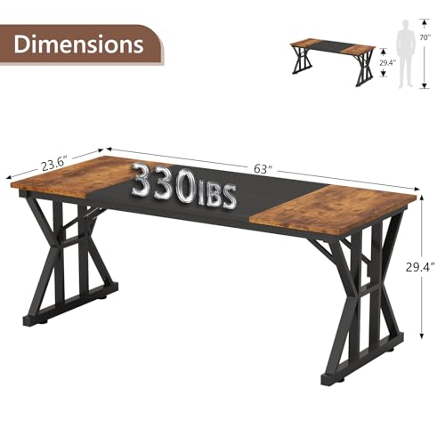 TVU 63-Inch Executive Desk, Large Office Desk with Thicken Frame, Computer Desk Modern Simple Desk for Home Office, Rustic Brown/Black - color: Rustic Brown+black, size: 63inch