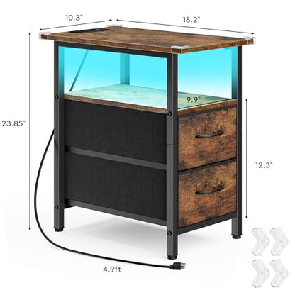 Vagusicc Set of 2 Nightstand with Charging Station and LED Lights, Narrow Side Table, LED Night Stand with 2 Fabric Drawers, Bedside Table Small End Table, Tall Nightstand for Bedroom, Rustic Brown - color: Rustic Brown, size: 2, style: With LEDs