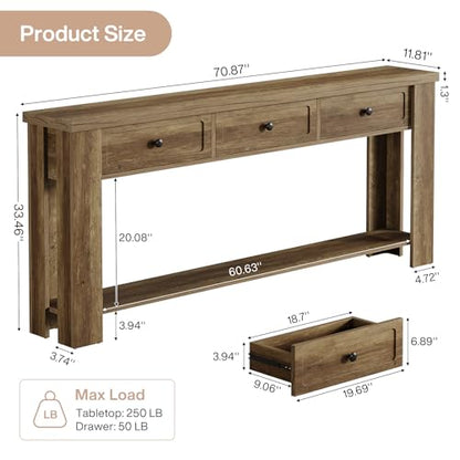 Tribesigns 70.9-Inch Long Console Table with 3 Drawers, Farmhouse Entryway Table with Storage, Rectangular Narrow Sofa Table Behind the Couch, Accent Table for Hallway, Living Room, Entry, Brown - color: Brown