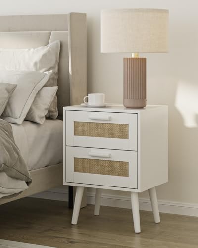 Masupu Rattan Night Stand, Modern nightstand Boho Bedside Table with 2 Drawer, Small End Side Table for Bedroom,Living Room,Office,White - color: White