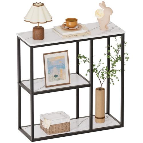 WOHOMO Console Table, 12 Inch Narrow Entryway Table for Living Room, 31.5 Inch Modern Industrial Sofa Table with 3-Tier Storage Shelves for Corridor, Hallway, White Marble - color: White Marble, size: 31.5"