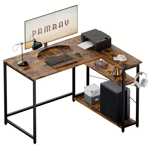 Pamray 43 Inch L Shaped Computer Desk with Reversible Side Storage Shelves, Small Corner Desk for Small Space Home Office,Writing Study Table PC Desk for Bedroom,Vintage - color: Vintage, size: 43 Inch