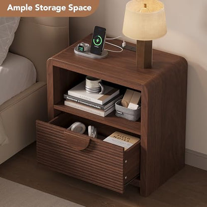 Fluted Nightstand with Charging Station, 23" Wide Wood Bedside Table with Drawer and Open Compartment, Mid Century End Table for Bedroom, Home Office, Walnut - color: Walnut, size: 1 pc