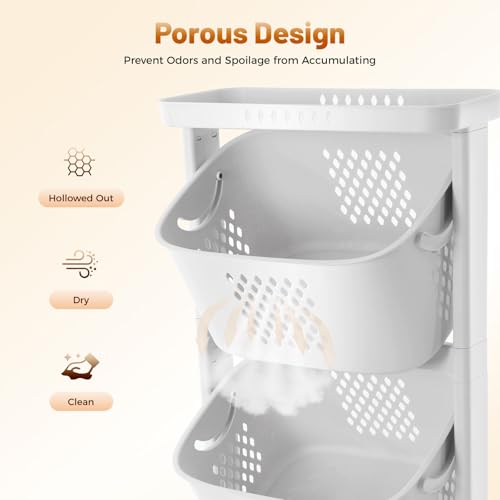 Rolling Laundry Basket with Wheels, 3-Tier Free Standing Laundry Hamper, Portable Storage Cart with 4 Wheels, Multi-Purpose Organizer for Bathroom Bedroom Living Room