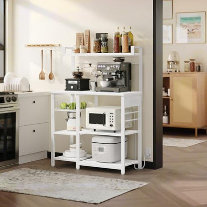 HOOBRO Bakers Rack with Power Outlet, 35.4 Inches Coffee Bar with Mesh Basket, Microwave Stand with 4 S-Shaped Hooks, Kitchen Bakers Rack with Storage, Easy to Assemble, White WT05HB01 - color: White