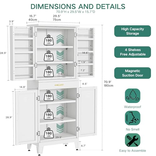 YITAHOME 71" Metal Pantry Cabinet with Drawer, Shelves & Door Racks, White | Tall Freestanding Steel Cupboard with 4 Doors, 8 Racks & Adjustable Shelves for Kitchen and Dining Room