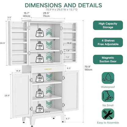 YITAHOME 71" Metal Pantry Cabinet with Drawer, Shelves & Door Racks, White | Tall Freestanding Steel Cupboard with 4 Doors, 8 Racks & Adjustable Shelves for Kitchen and Dining Room