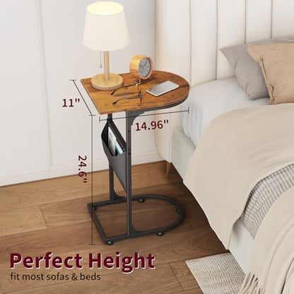 C Shaped End Table, Slide Under Small Side Table for Couch & Small Spaces | Wobble-Free C Table, Rustic Brown, Storage Bag, Sturdy Metal Frame, Wood Top, For Living Room Bedroom, 15-Min Quick Assembly - color: Classic Rustic Brown