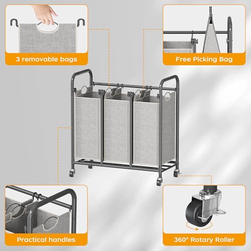Whitmor 3-Bag Laundry Sorter, Laundry Hamper Cart with Heavy Duty Rolling Lockable Wheels and Removable Bags, Laundry Organizer Basket Clothes Separator Hamper, Grey, Large, KJ3009 - size: 3 Section B，Grey