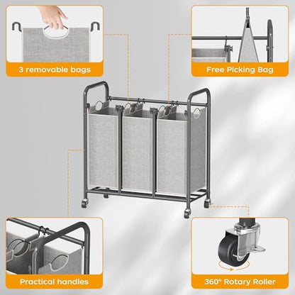 Whitmor 3-Bag Laundry Sorter, Laundry Hamper Cart with Heavy Duty Rolling Lockable Wheels and Removable Bags, Laundry Organizer Basket Clothes Separator Hamper, Grey, Large, KJ3009 - size: 3 Section B，Grey