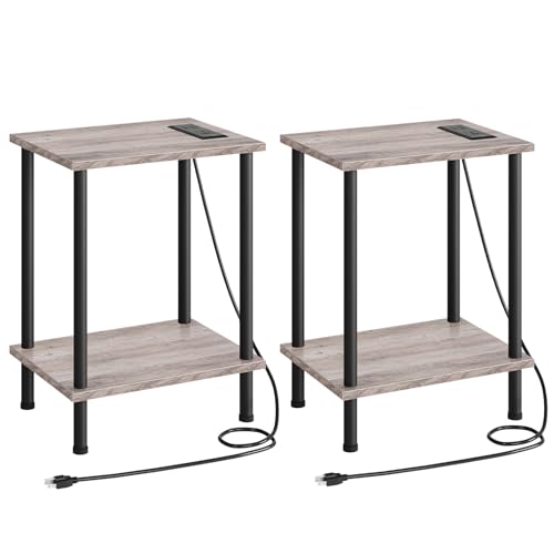 HOOBRO Side Table with Charging Station, Set of 2 End Tables with USB Port and Outlets, Nightstand with 2-Layer Storage Shelves for Small Spaces, Living Room, Bedroom, Greige and Black BG09UBZP201 - color: Greige + Black