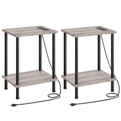 HOOBRO Side Table with Charging Station, Set of 2 End Tables with USB Port and Outlets, Nightstand with 2-Layer Storage Shelves for Small Spaces, Living Room, Bedroom, Greige and Black BG09UBZP201 - color: Greige + Black