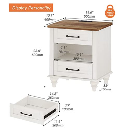 WAMPAT White Side Table with 2 Drawers & Charging Station, Mid Century Nightstand for Bedroom with Power Outlets & USB Ports, Wooden Bedside Table Night Stand with Shelf for Living Room, Antique White - color: Off White