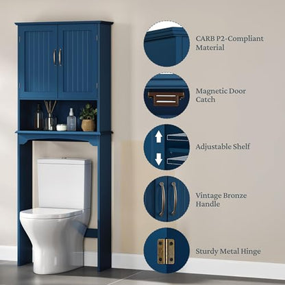 Yaheetech Over The Toilet Storage with 2 Doors & Adjustable Shelf, Free Standing Toilet Rack Wooden Space-Saving Collect Cabinet, Bathroom Furniture, L24.5xW9xH66 in, Navy Blue - color: Navy Blue