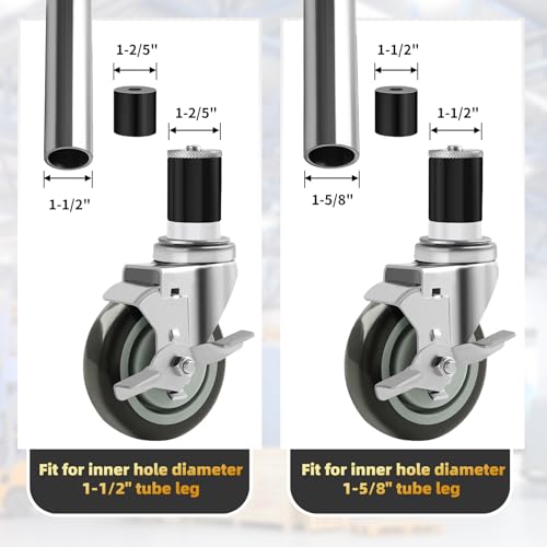 Besitu 4 inches Prep Table Wheels Set of 4, 1-1/2" and 1-5/8" Expanding Stem Caster with Side Brake for Stainless Steel Table, Cart, Furniture Legs, Commercial Kitchen Appliances, Workbench - style: 4 Inch
